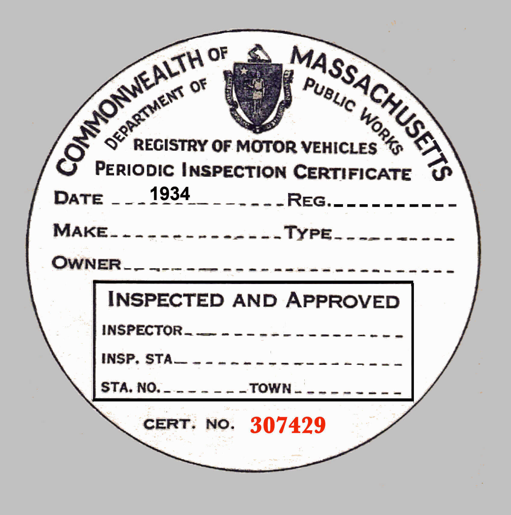 (image for) 1934 Massachusetts Inspection Sticker